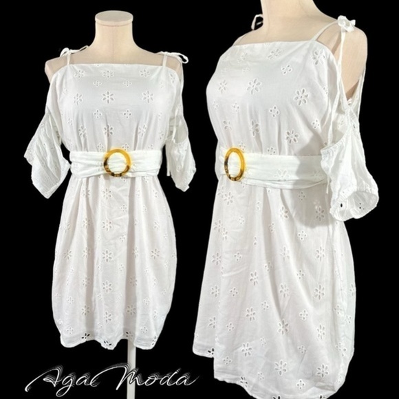 Missguided White Eyelet Mini Belted Dress with Edge Attached Shirt Sleeves - Picture 1 of 14